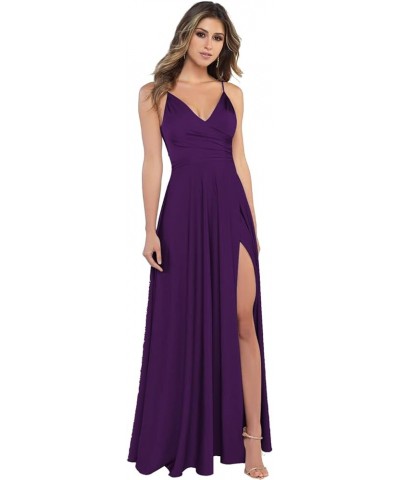 Women's Spaghetti Strap V Neck Bridesmaid Dresses Long Satin Formal Evening Gowns with Slit Pockets R004 Plum $22.00 Dresses