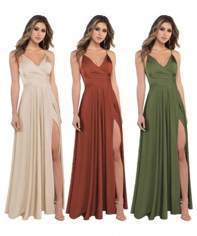 Women's Spaghetti Strap V Neck Bridesmaid Dresses Long Satin Formal Evening Gowns with Slit Pockets R004 Plum $22.00 Dresses