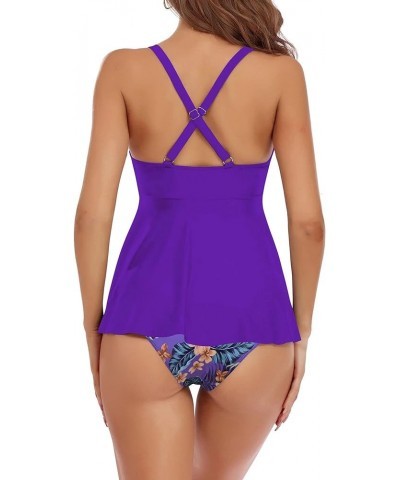 Two Piece Tankini Swimsuits for Women Tummy Control Bathing Suits Ruffle V Neck Swimwear with Shorts Purple-09 $17.83 Swimsuits