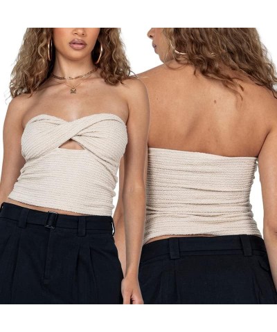 Women Y2k Strapless Tube Tops Sleeveless Slim Fitted Cropped Shirts Backless Cami Knitted Tank Tops 02-twist Knot Apricot $6....