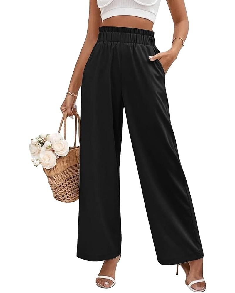 Women's Elastic Waist Wide Leg Pants Black $12.76 Pants