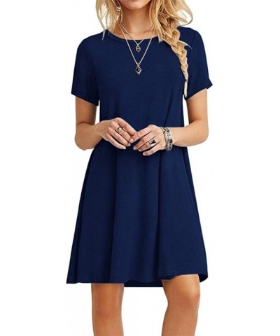 Women's Casual Plain Simple T-Shirt Loose Dress 01 Navy Blue $18.69 Dresses