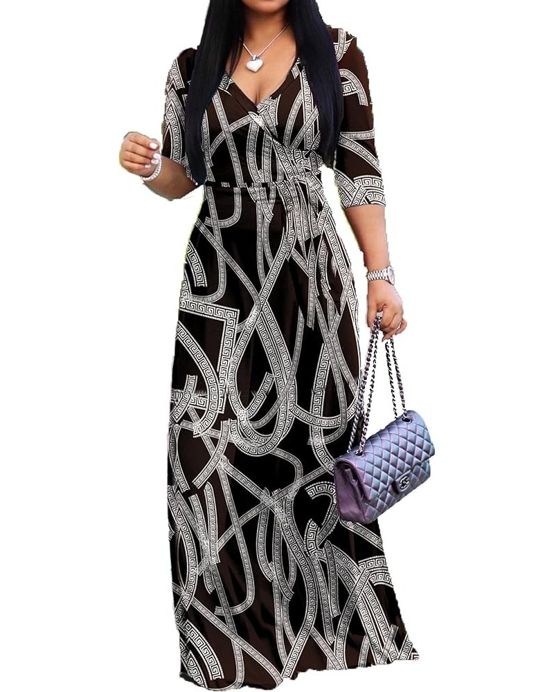 Women's V Neck 3/4 Sleeve Plus Size Long Maxi Dress with Belt 01 Floral-69 $11.60 Dresses