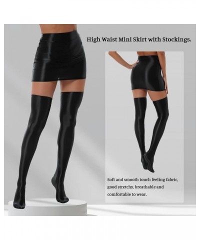 Women's Oil Shiny Glossy Ruffled A-line Mini Skirt Elastic Overknee Stockings Set Teddy Glossy $8.47 Hosiery