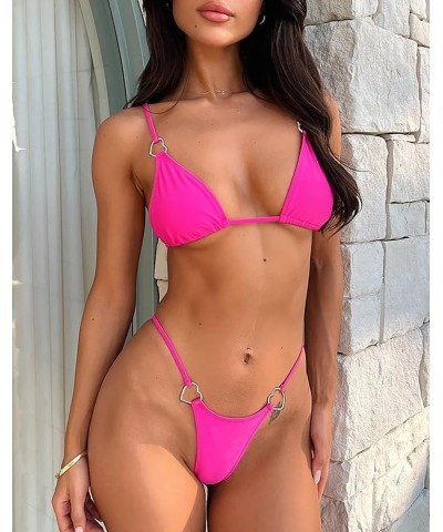 Women's Sexy Heart Ring String Triangle Two Piece Bikini Set Cheeky Swimwear Brazilian Swimsuit Hot Pink $12.74 Swimsuits