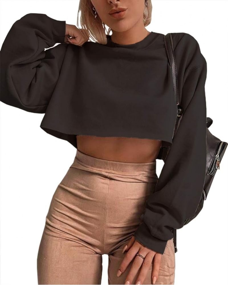 Women's Crewneck Long Sleeve Crop Tops Workout Casual Pullover Loose Sweatshirts Black $19.75 Hoodies & Sweatshirts