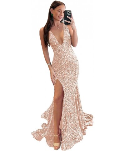 Women's Deep V-Neck Sequin Prom Dresses with Slit Sparkly Tight Mermiad Evening Formal Gown Rose Gold $28.00 Dresses