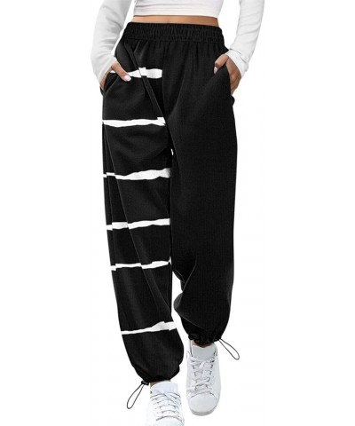 Women Printed Baggy Sweatpants Pockets High Waist Joggers Pants Contrast Color Sporty Athletic Lounge Trousers M4 Black Strip...
