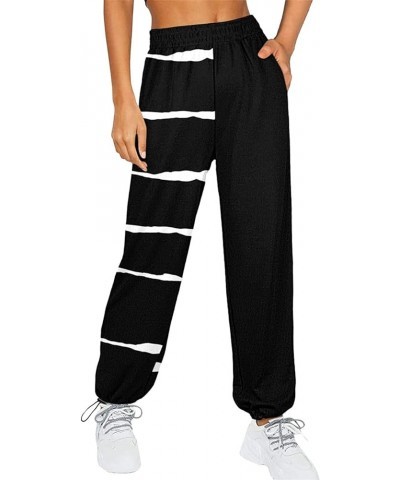 Women Printed Baggy Sweatpants Pockets High Waist Joggers Pants Contrast Color Sporty Athletic Lounge Trousers M4 Black Strip...