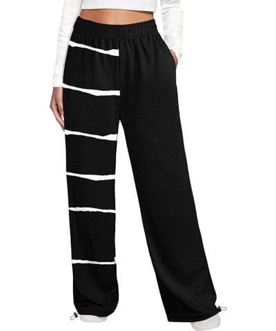 Women Printed Baggy Sweatpants Pockets High Waist Joggers Pants Contrast Color Sporty Athletic Lounge Trousers M4 Black Strip...