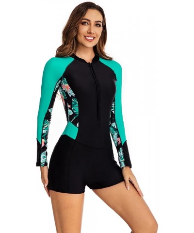 Women's One Piece Rashguard Boyleg Long Sleeve Swimsuit UV Protection Zipper Surfing Swimwear Black-green $13.49 Swimsuits