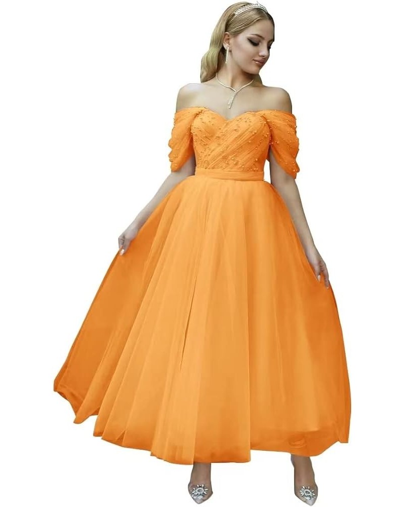 Tulle Tea Length Prom Dresses 2024 Off Shoulder Pearl Sweetheart Formal Evening Party Gowns Orange $33.60 Dresses