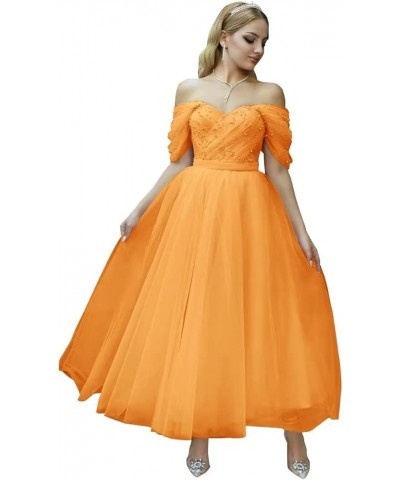 Tulle Tea Length Prom Dresses 2024 Off Shoulder Pearl Sweetheart Formal Evening Party Gowns Orange $33.60 Dresses