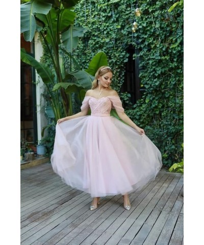 Tulle Tea Length Prom Dresses 2024 Off Shoulder Pearl Sweetheart Formal Evening Party Gowns Orange $33.60 Dresses