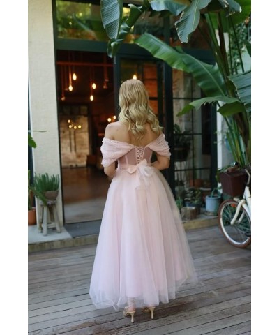 Tulle Tea Length Prom Dresses 2024 Off Shoulder Pearl Sweetheart Formal Evening Party Gowns Orange $33.60 Dresses