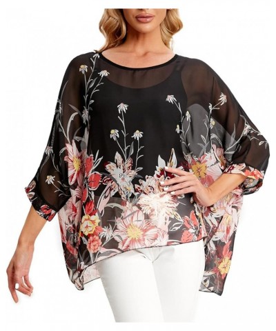 Women's Casual Chiffon Blouse Tops 3/4 Sleeve Floral Print Batwing Blouse Caftan Poncho Z-4413 $9.24 Blouses