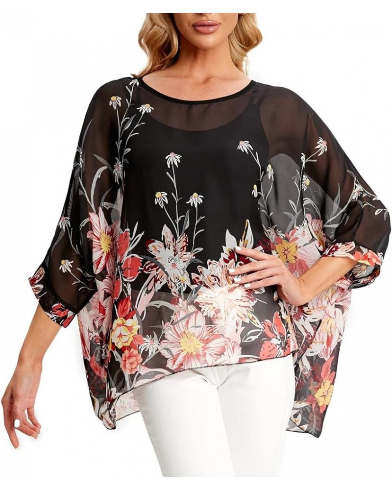 Women's Casual Chiffon Blouse Tops 3/4 Sleeve Floral Print Batwing Blouse Caftan Poncho Z-4413 $9.24 Blouses