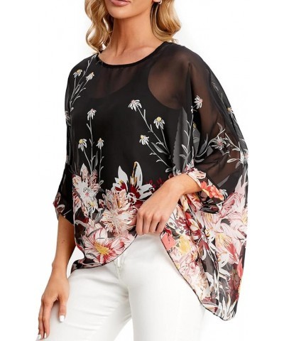 Women's Casual Chiffon Blouse Tops 3/4 Sleeve Floral Print Batwing Blouse Caftan Poncho Z-4413 $9.24 Blouses