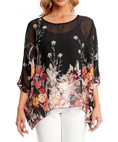 Women's Casual Chiffon Blouse Tops 3/4 Sleeve Floral Print Batwing Blouse Caftan Poncho Z-4413 $9.24 Blouses