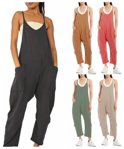 Jumpsuits for Women Casual Summer Long Rompers Sleeveless Loose Spaghetti Strap Baggy Overalls Jumpers with Pockets 2023 Beig...