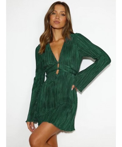 Women Sexy Pleated Mini Dress Casual V Neck Long Sleeve High Waist Tie Belted Bodycon Party Club Dresses 58dark Green $22.05 ...