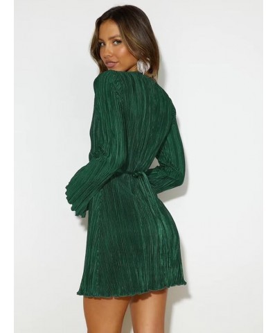 Women Sexy Pleated Mini Dress Casual V Neck Long Sleeve High Waist Tie Belted Bodycon Party Club Dresses 58dark Green $22.05 ...