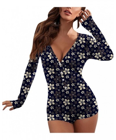 Women's Sexy Deep V Neck Short Bodysuits Long Sleeve Printed Onesie Pajamas One Piece Bodycon Rompers Jumpsuit Overall 01 Dar...