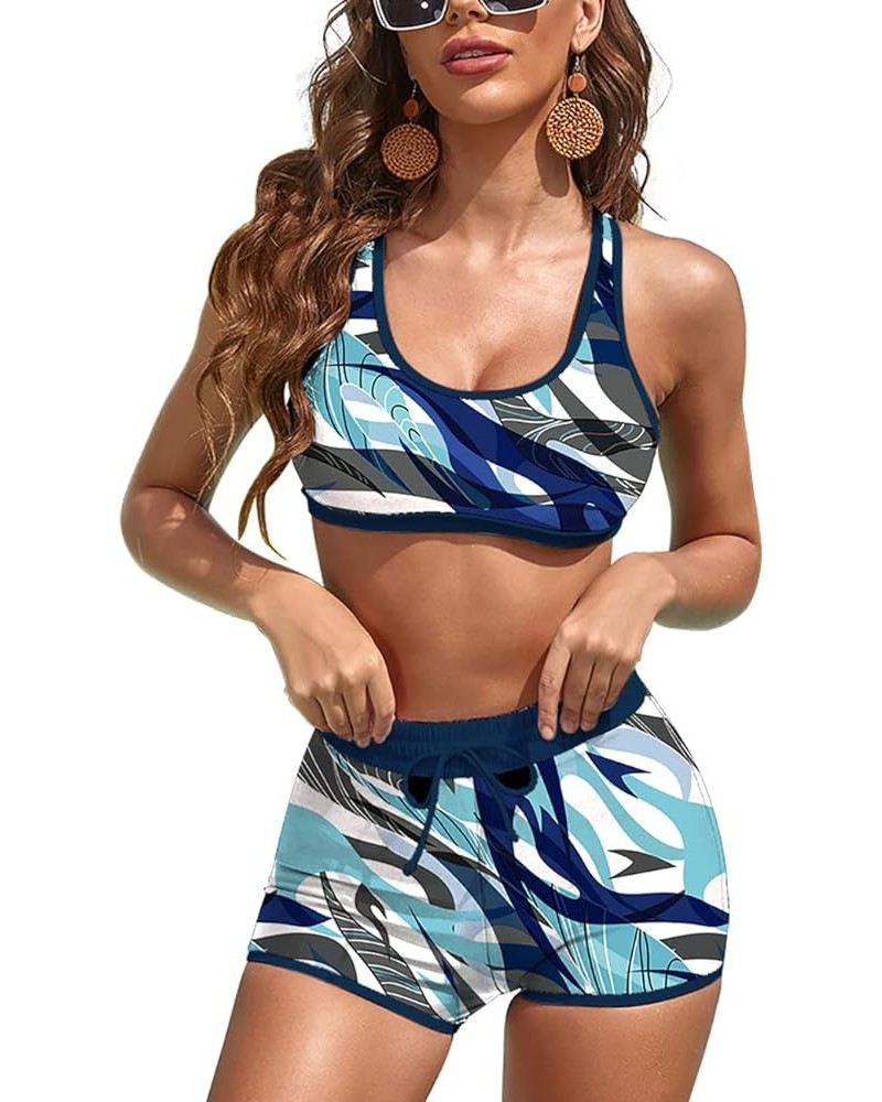 Women Sport Bikini Athletic Two Piece High Waisted Swimsuits Racerback Cutout Swimwear with Boyshort Bathing Suit Blue Camo $...