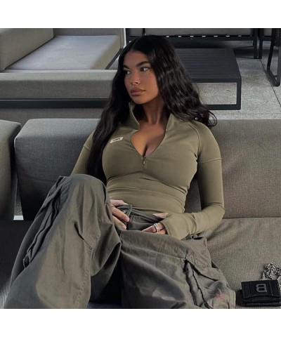 European and American women's pure sexy half high neck tight thin zipper short sleeved base coat Army Green $15.36 Others