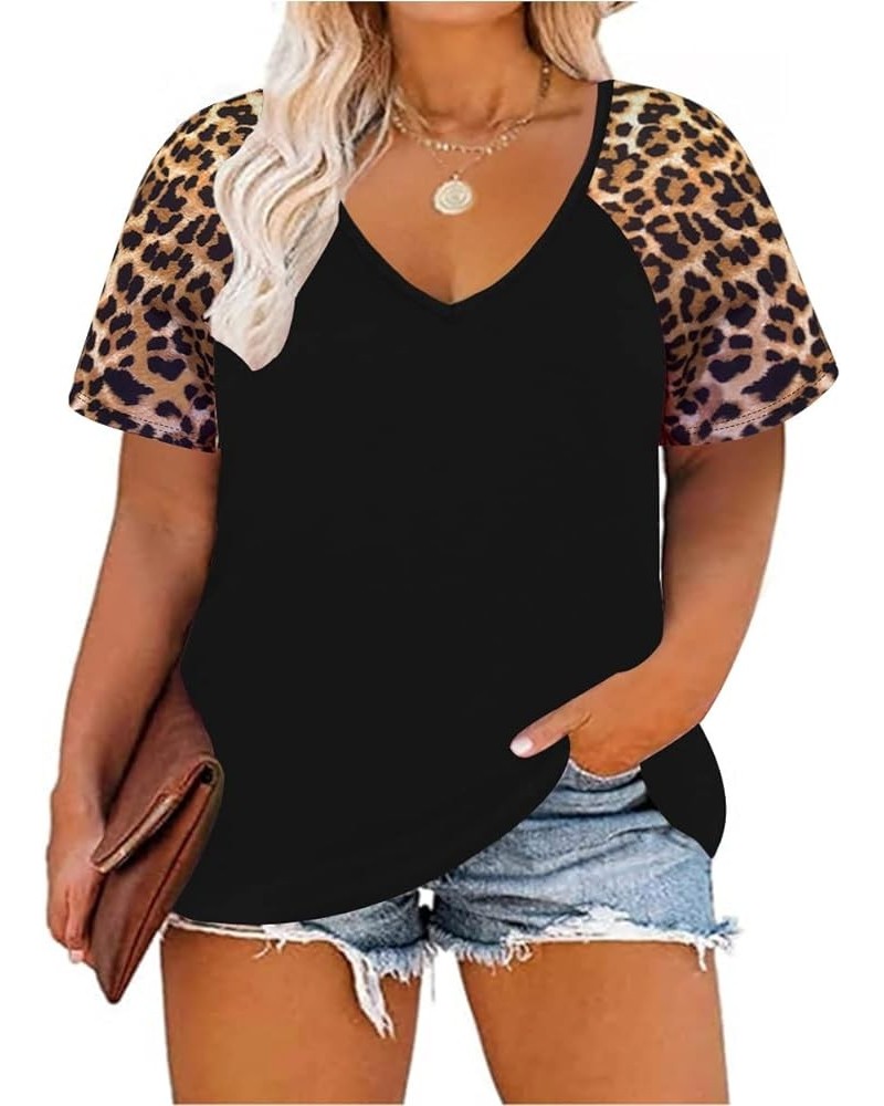 Plus Size Tops for Women Short Sleeve Color Block Raglan Sexy V Neck Shirts Tunic Spring Summer XL-5XL 14W-28W 6_ Black _ Leo...