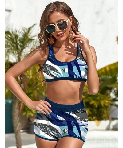 Women Sport Bikini Athletic Two Piece High Waisted Swimsuits Racerback Cutout Swimwear with Boyshort Bathing Suit Blue Camo $...