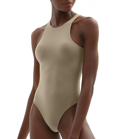 Women's High Neck Sleeveless Bodysuit Sexy Tank Tops Smoke Cloud Collection Khaki $12.99 Bodysuits