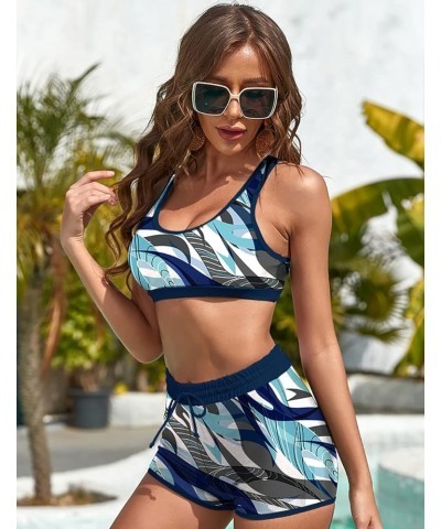 Women Sport Bikini Athletic Two Piece High Waisted Swimsuits Racerback Cutout Swimwear with Boyshort Bathing Suit Blue Camo $...