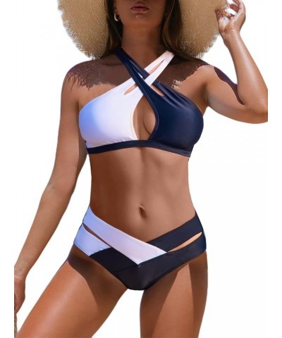 Women's Sexy Wrap Cross 2 Piece Swimsuit Cutout High Waisted Bikini Set Black $12.97 Swimsuits