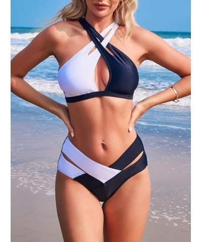 Women's Sexy Wrap Cross 2 Piece Swimsuit Cutout High Waisted Bikini Set Black $12.97 Swimsuits