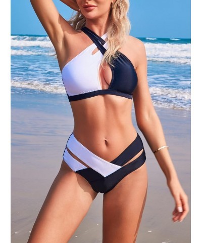 Women's Sexy Wrap Cross 2 Piece Swimsuit Cutout High Waisted Bikini Set Black $12.97 Swimsuits