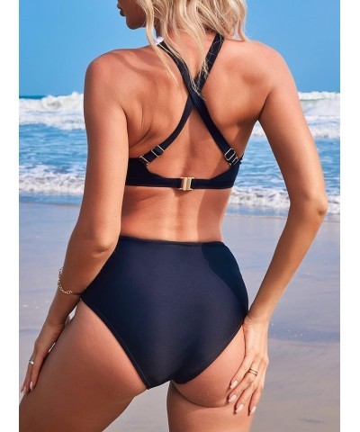 Women's Sexy Wrap Cross 2 Piece Swimsuit Cutout High Waisted Bikini Set Black $12.97 Swimsuits