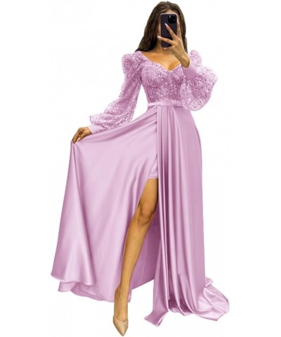 Long Sleeve Sequin Prom Dresses with Slit Satin Formal Evening Party Gowns for Women Lilac $33.58 Dresses