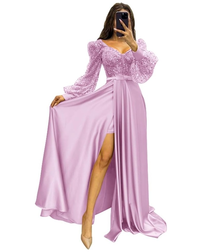 Long Sleeve Sequin Prom Dresses with Slit Satin Formal Evening Party Gowns for Women Lilac $33.58 Dresses