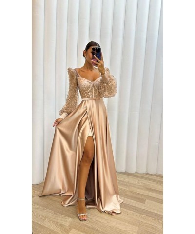 Long Sleeve Sequin Prom Dresses with Slit Satin Formal Evening Party Gowns for Women Lilac $33.58 Dresses