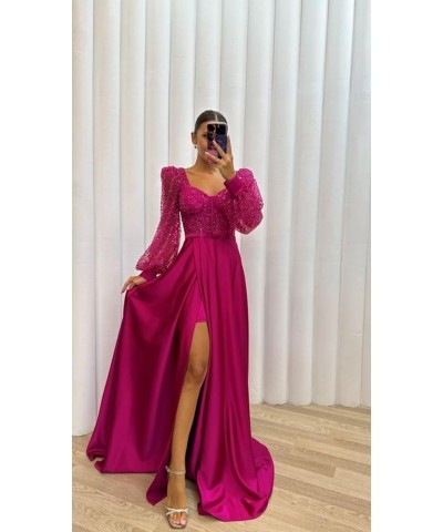 Long Sleeve Sequin Prom Dresses with Slit Satin Formal Evening Party Gowns for Women Lilac $33.58 Dresses