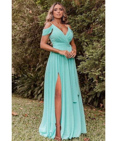 Women's Off Shoulder Spaghetti Straps Bridesmaid Dresses for Wedding with Slit Long Chiffon Formal Gown with Pockets Dusty Ro...