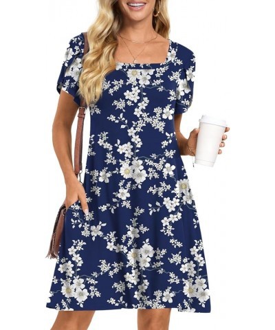 Womens Summer Casual Dress Short Sleeve Square Neck Dresses Boho Floral Print Loose Beach Sundress Pockets White Floret $20.6...