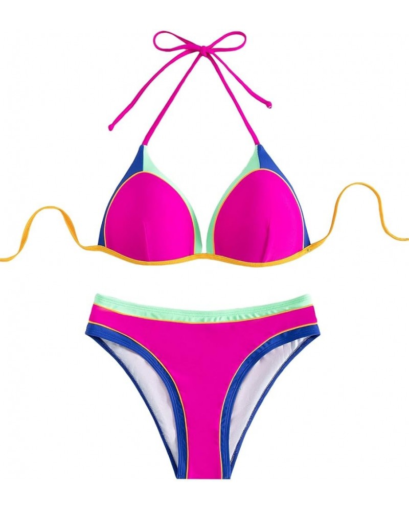 Women's 2 Piece Bathing Suits Contrast Binding Halter Push Up Bikini Set Swimsuit Hot Pink $11.61 Swimsuits