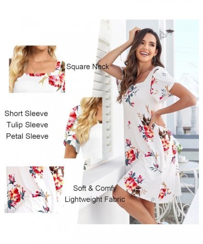 Womens Summer Casual Dress Short Sleeve Square Neck Dresses Boho Floral Print Loose Beach Sundress Pockets White Floret $20.6...