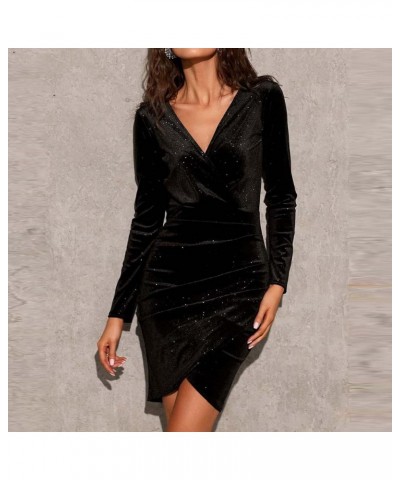 Womens Dresses 2024 Sexy Formal V Neck Velvet Dress Holiday Spaghetti Strap Dresses H-black $11.12 Dresses