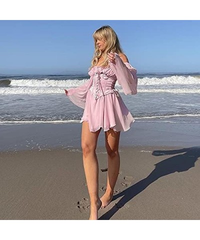 Women Ruffle Mini Dress Bodycon Square Neck Smocked Short Dress Lace Aline Party Y2k Dresses Two Piece Pink $12.25 Dresses