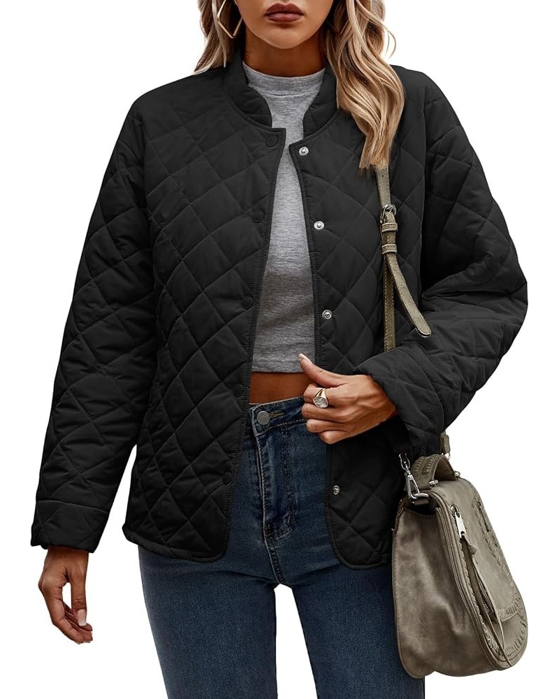 Womens Quilted Jackets Long Sleeve Button Down Bomber Jackets with Pockets Casual Winter Lounge Cotton Wear Black $18.89 Jackets