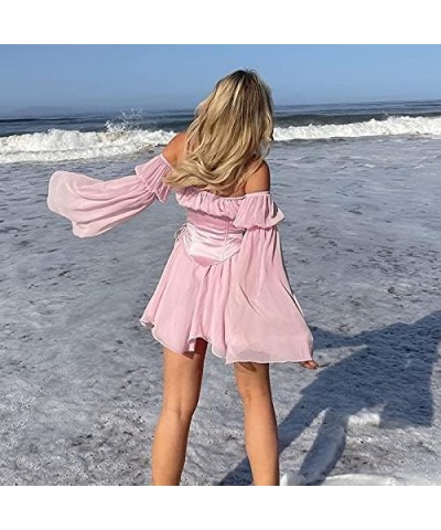 Women Ruffle Mini Dress Bodycon Square Neck Smocked Short Dress Lace Aline Party Y2k Dresses Two Piece Pink $12.25 Dresses