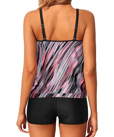 Women Two Piece Tankini Swimsuits Blouson Modest Swim Top Boyshort Bathing Suits Pink Striped $15.60 Swimsuits